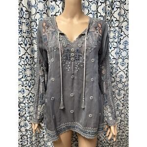 Johnny Was Gray Floral Embroidery Tassels Boho Women’s Top SZ Small